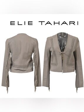 Elie Tahari ✨ XS • Lambskin Braided Grommet Fringe Leather Jacket Taupe
